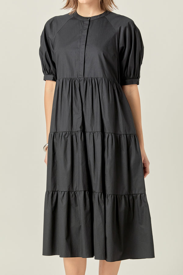 English Factory Short Puff Sleeve Midi Dress BLACK