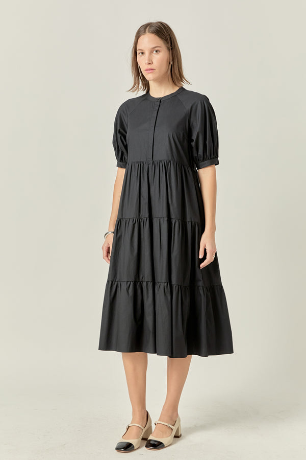 English Factory Short Puff Sleeve Midi Dress BLACK
