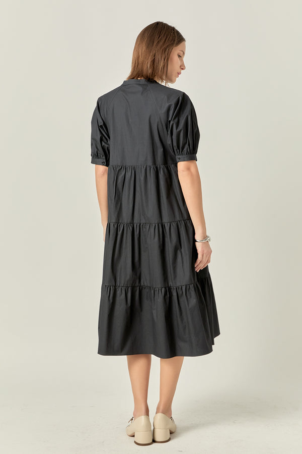 English Factory Short Puff Sleeve Midi Dress BLACK