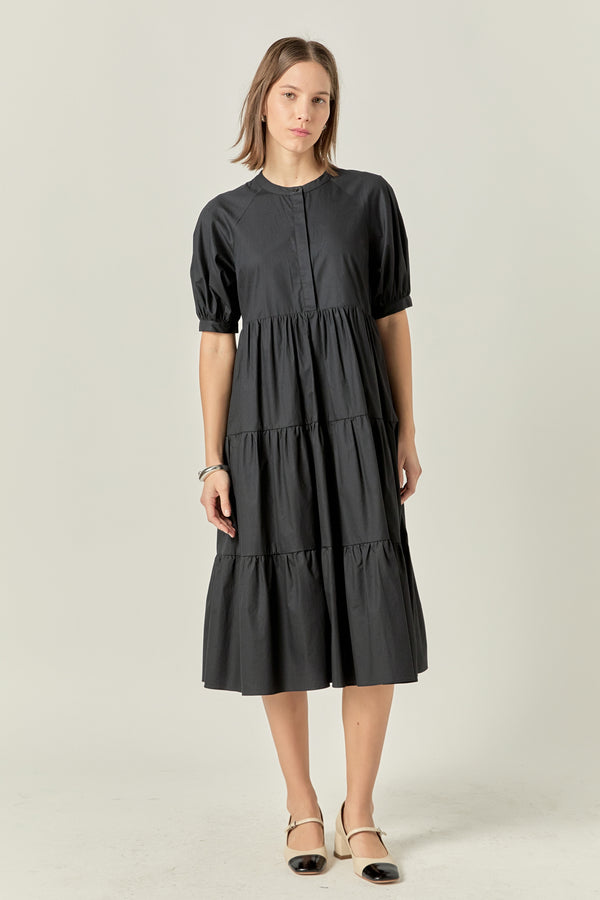 english factory Short Puff Sleeve Midi Dress BLACK