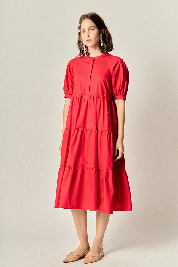 English Factory Short Puff Sleeve Midi Dress RED