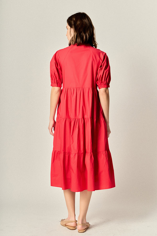 English Factory Short Puff Sleeve Midi Dress RED