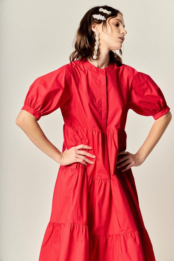 english factory Short Puff Sleeve Midi Dress RED
