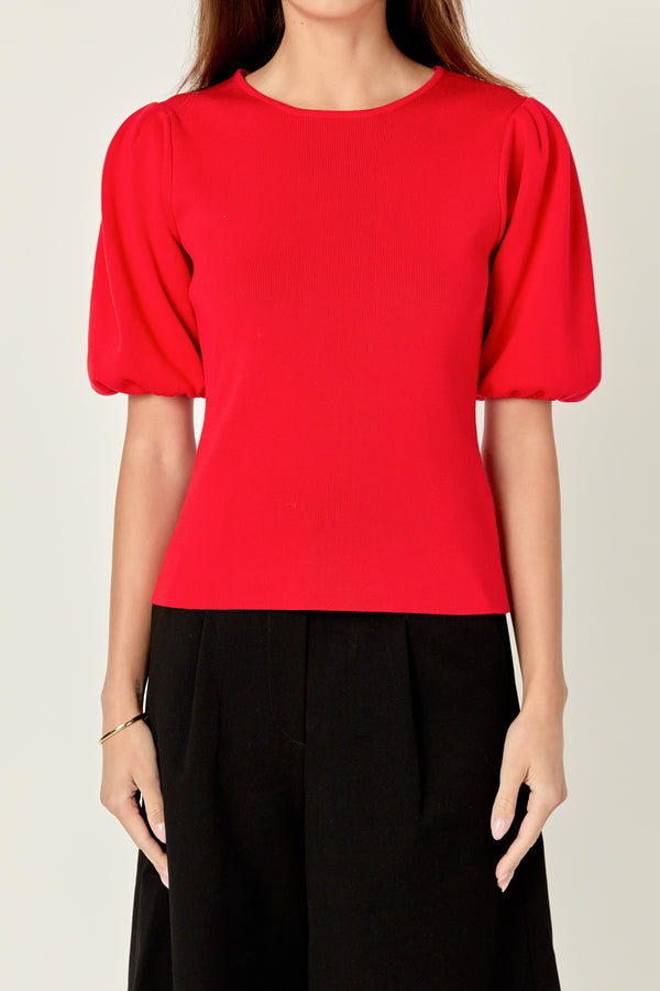 English Factory Short Puff Sleeves Sweater Top RED