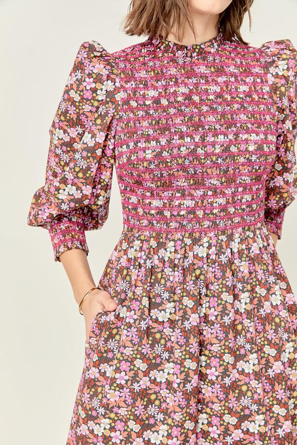 English Factory Smocked Floral Midi Dress PINK