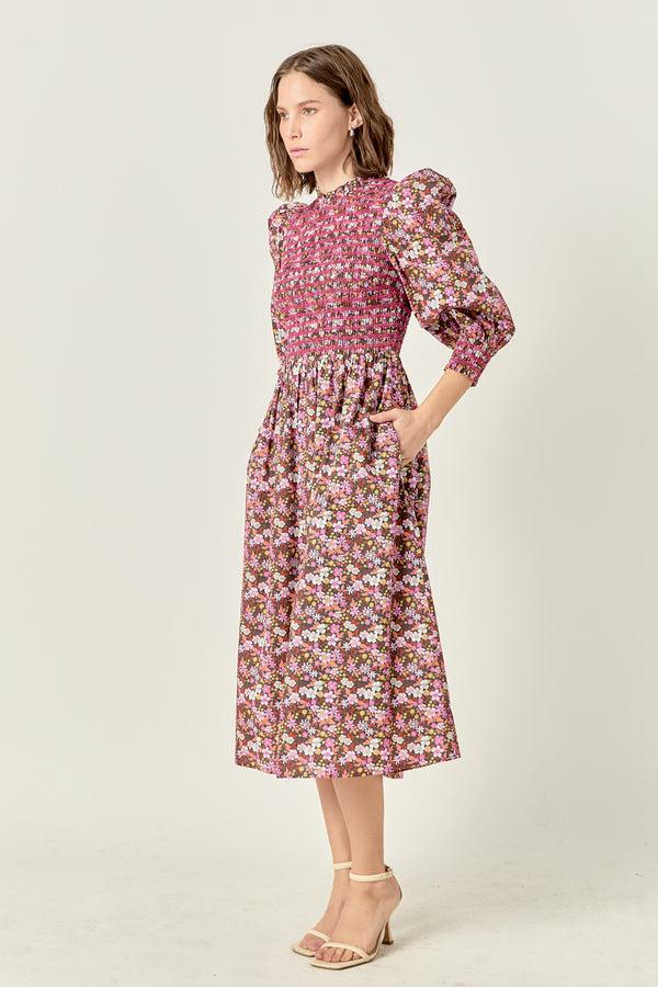 English Factory Smocked Floral Midi Dress PINK