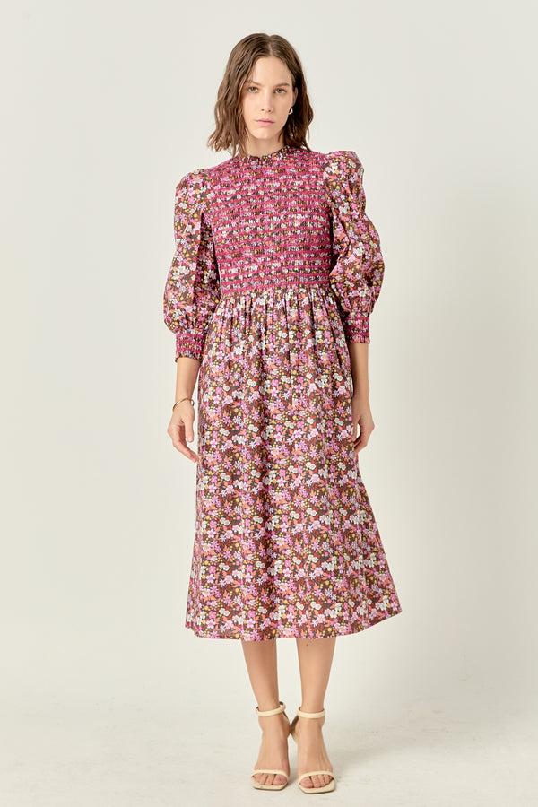 english factory Smocked Floral Midi Dress PINK