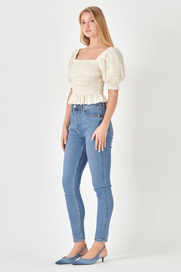 English Factory Smocked Puff Sleeve Top NUDE