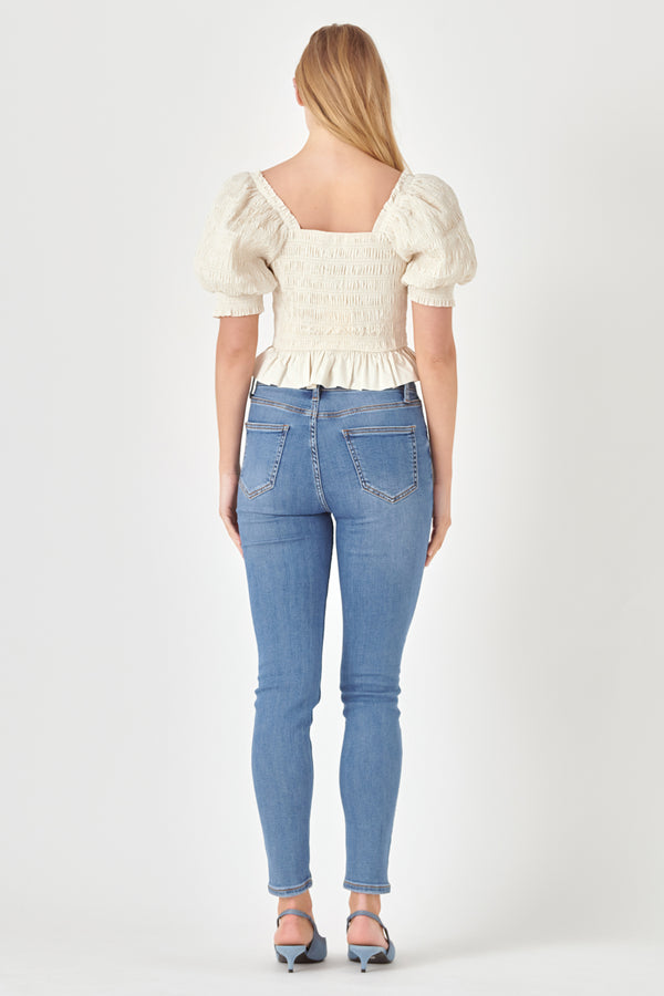 English Factory Smocked Puff Sleeve Top NUDE