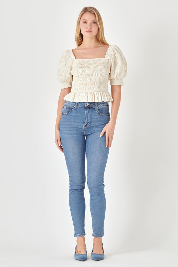 english factory Smocked Puff Sleeve Top NUDE