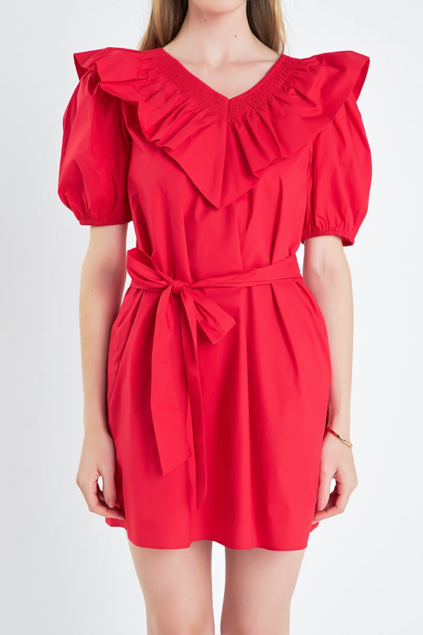 English Factory Smocked Ruffled Mini Dress RED