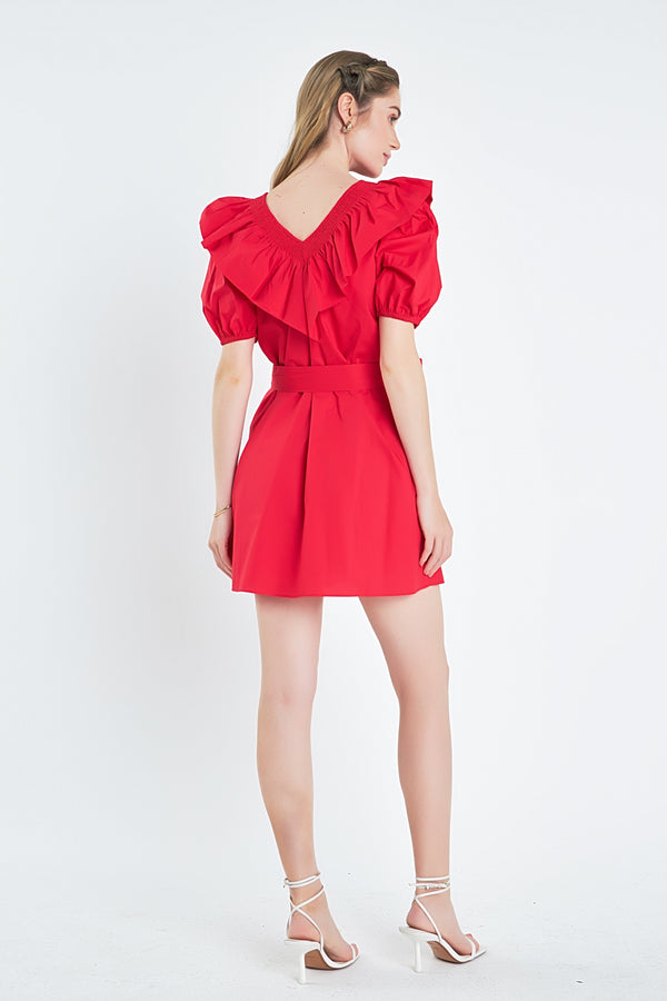 English Factory Smocked Ruffled Mini Dress RED