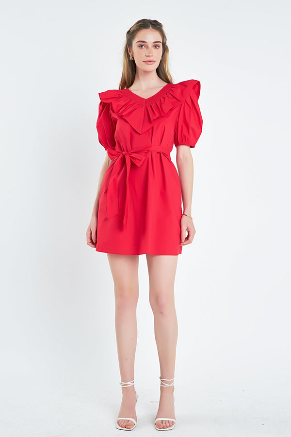 english factory Smocked Ruffled Mini Dress RED