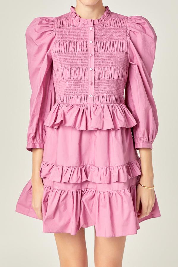English Factory Smocking Detail Mini Dress ORCHID