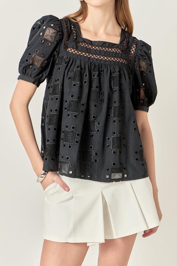 English Factory Square Neck Embroidered Top BLACK