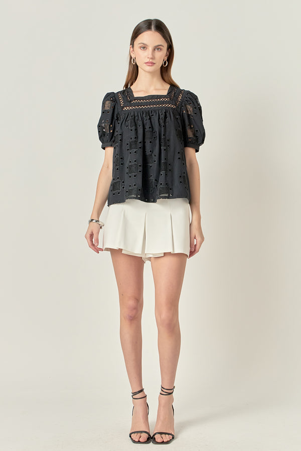 english factory Square Neck Embroidered Top BLACK