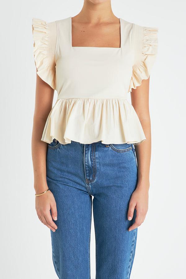 English Factory Square Neckline Ruffled Top CREAM