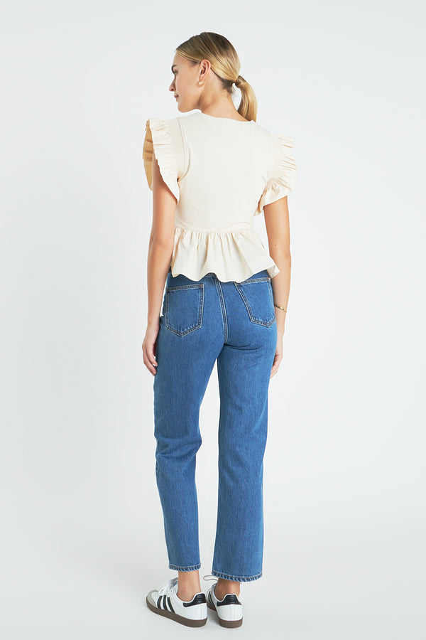 English Factory Square Neckline Ruffled Top CREAM