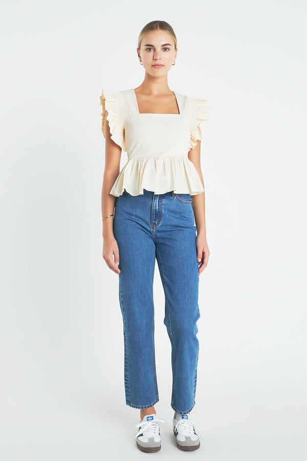 english factory Square Neckline Ruffled Top CREAM