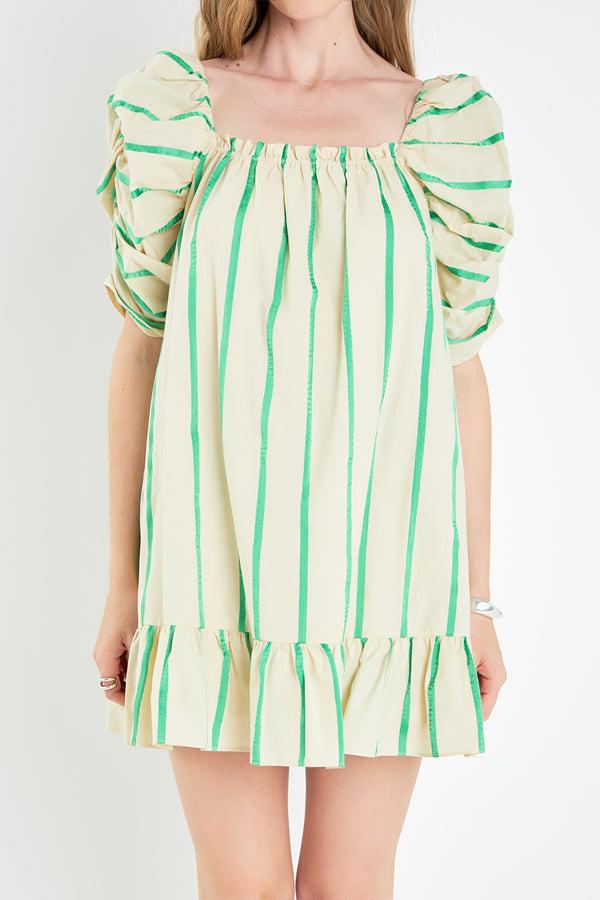 English Factory Stripe Babydoll Dress BEIGE/GREEN