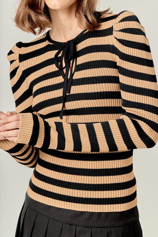 English Factory Stripe Bow Knit Top TAN/BLACK