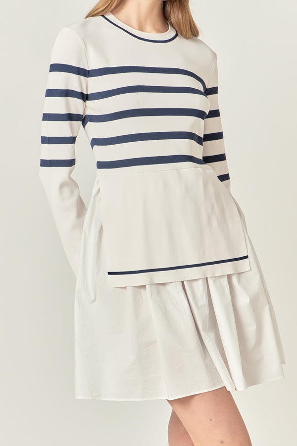 English Factory Stripe Mix Media Dress IVORY