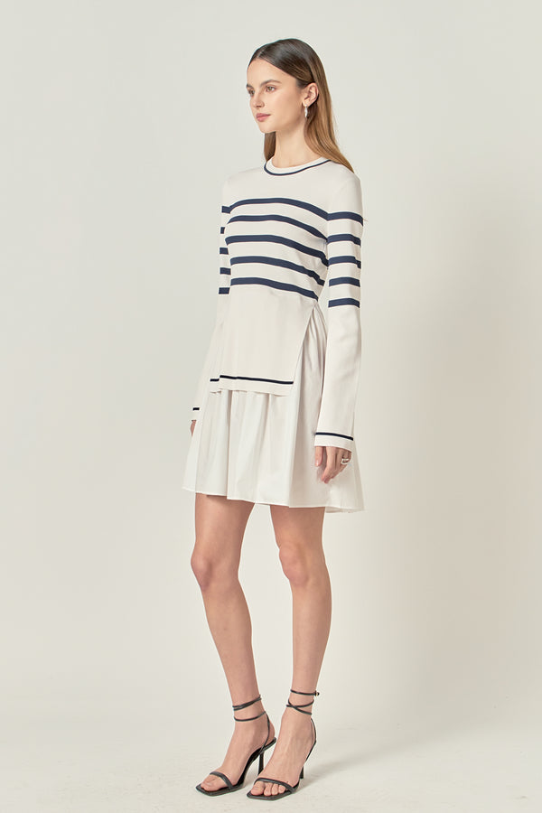 English Factory Stripe Mix Media Dress IVORY