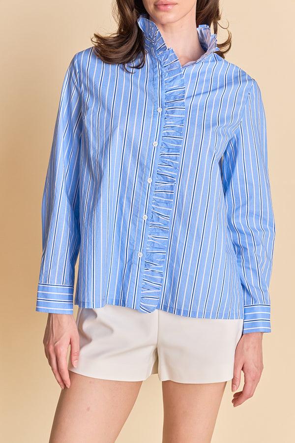 English Factory Stripe Ruffled Shirt BLUE/WHITE