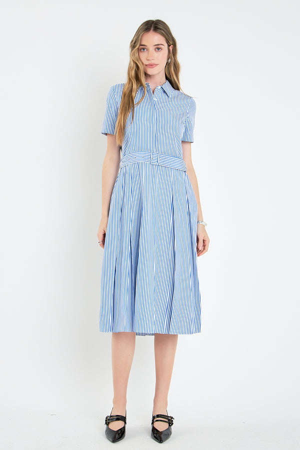 english factory Striped Belted Midi Dress BLUE