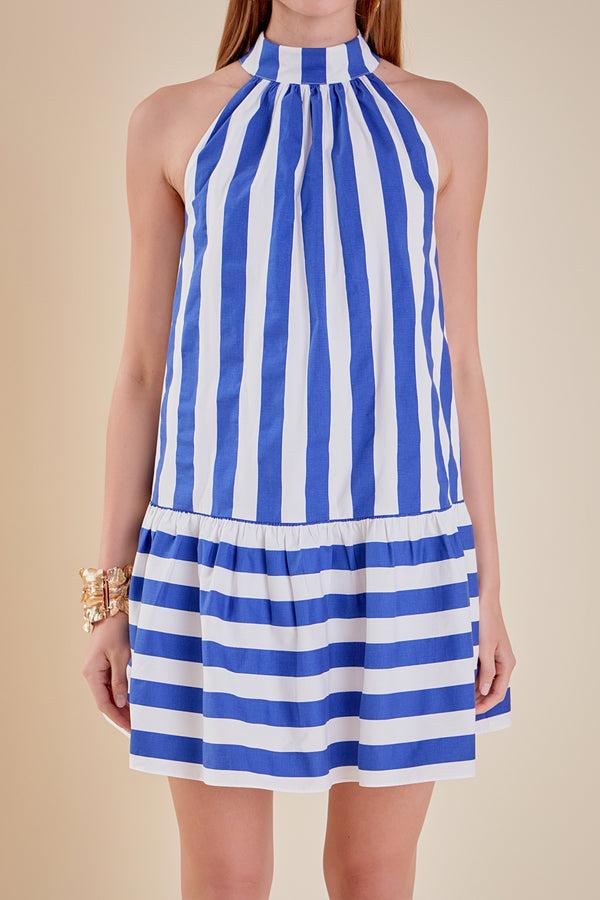 English Factory Striped Halter Dress BLUE