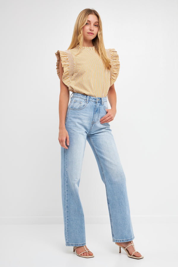 English Factory Striped Ruffled Top BROWN/WHITE