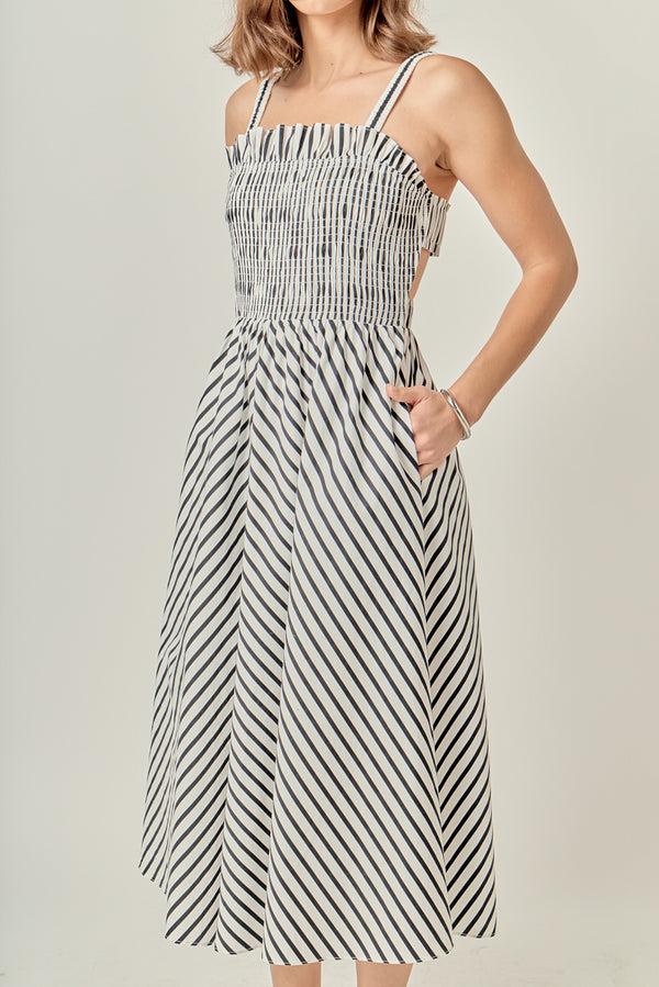 English Factory Striped Smocked Dress WHITE/BLACK