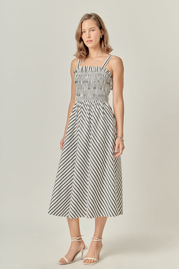 English Factory Striped Smocked Dress WHITE/BLACK