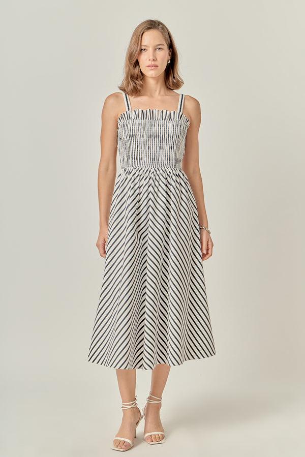 english factory Striped Smocked Dress WHITE/BLACK