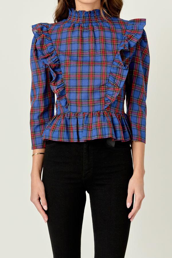 English Factory Tartan Blouse W/ Ruffles NAVY MULTI