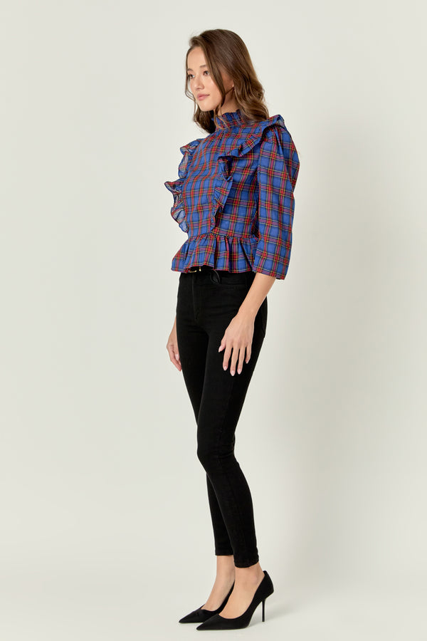 English Factory Tartan Blouse W/ Ruffles NAVY MULTI
