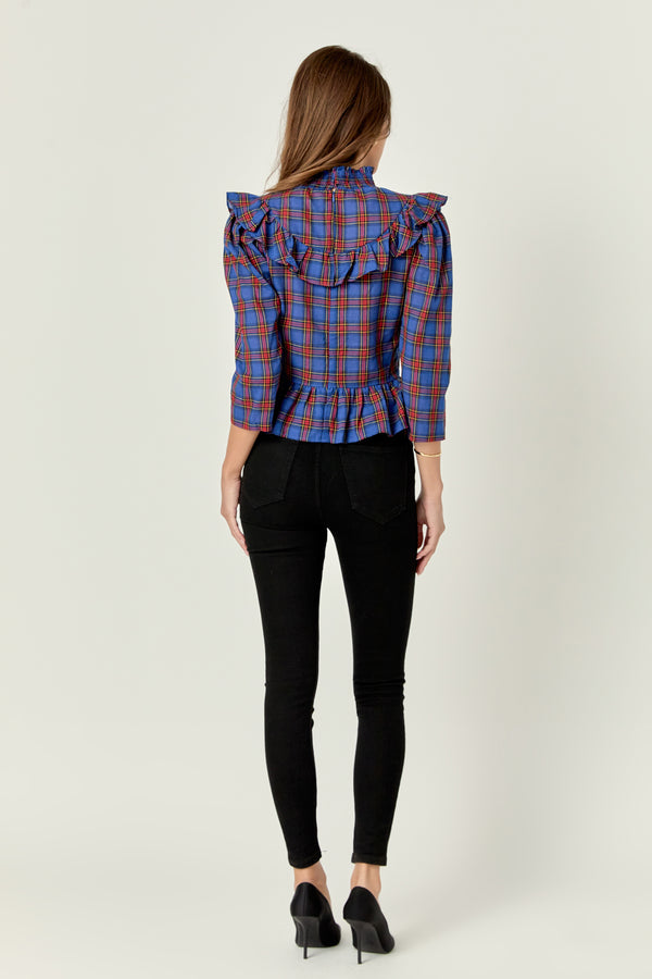 English Factory Tartan Blouse W/ Ruffles NAVY MULTI