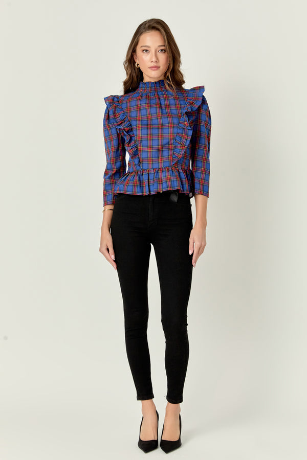english factory Tartan Blouse w/ Ruffles NAVY MULTI