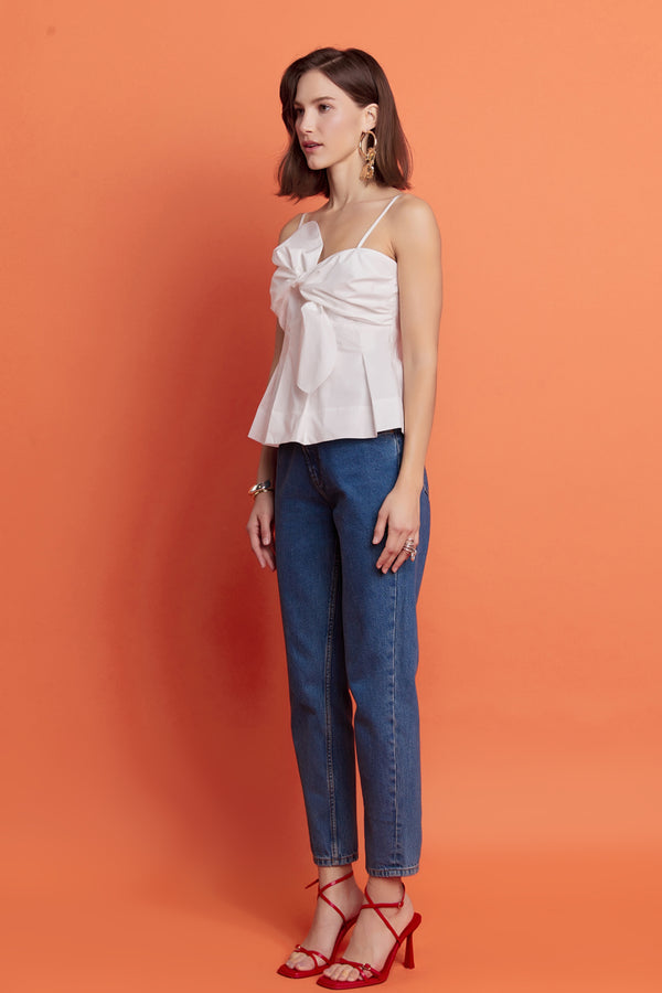 English Factory Tie Sleeveless Peplum Top WHITE