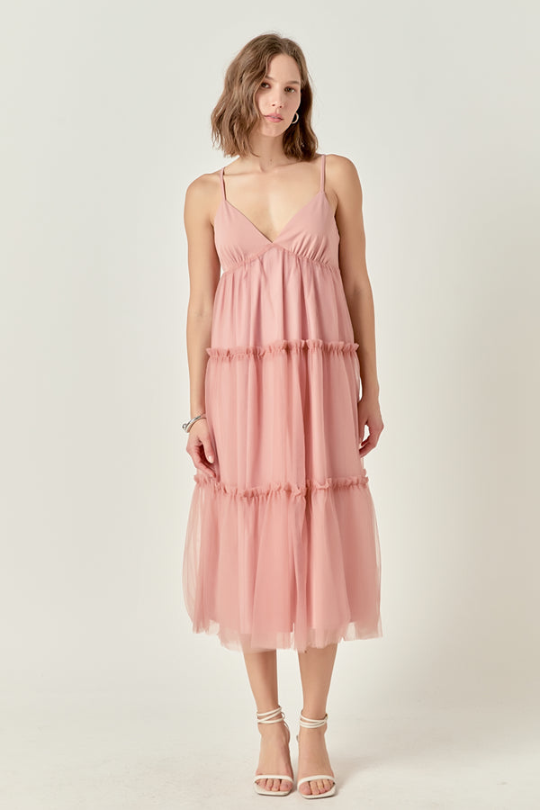 english factory Tulle Contrast Midi Dress MAUVE