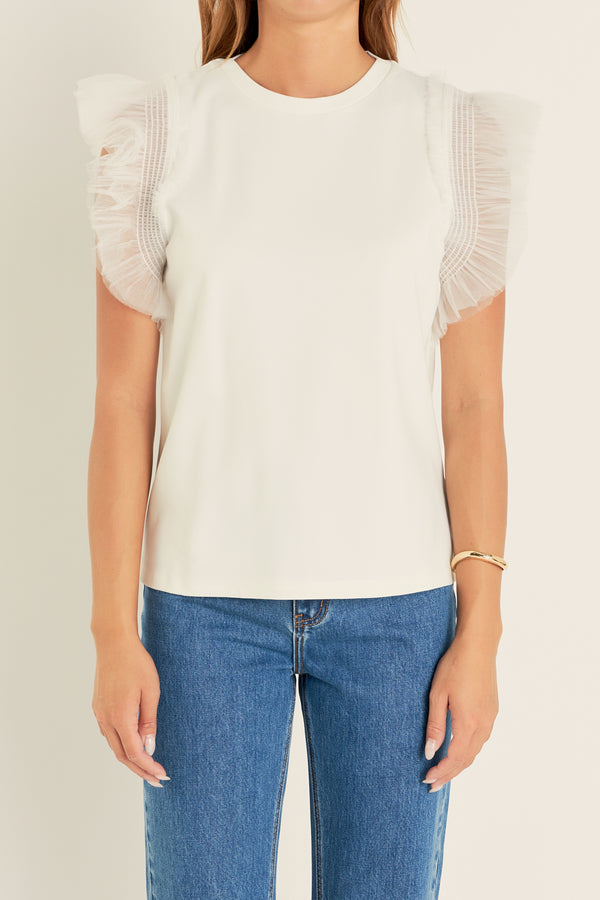 English Factory Tulle Ruffle Knit Top OFF WHITE