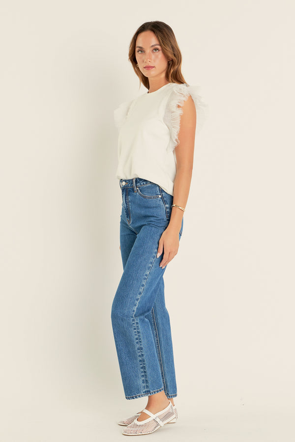 English Factory Tulle Ruffle Knit Top OFF WHITE