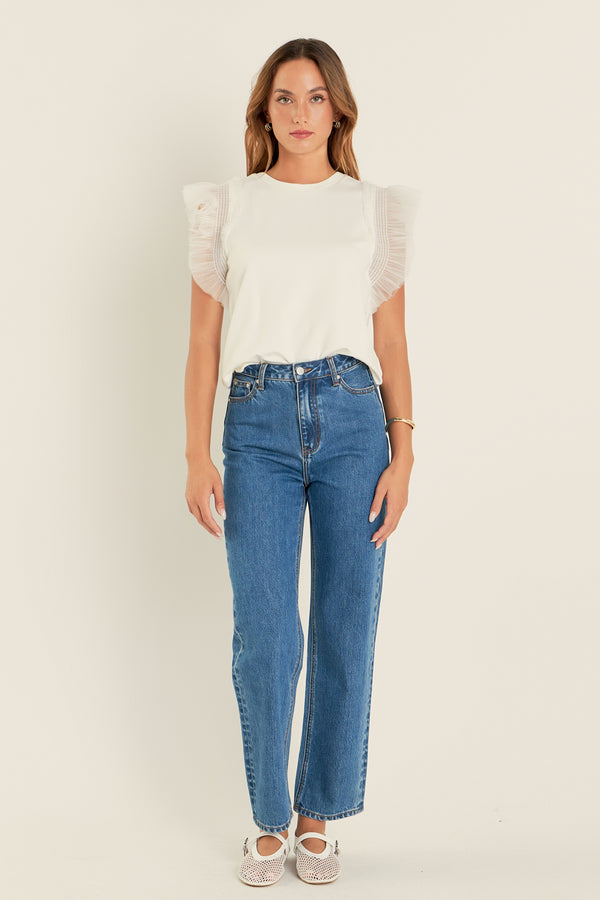 english factory Tulle Ruffle Knit Top OFF WHITE
