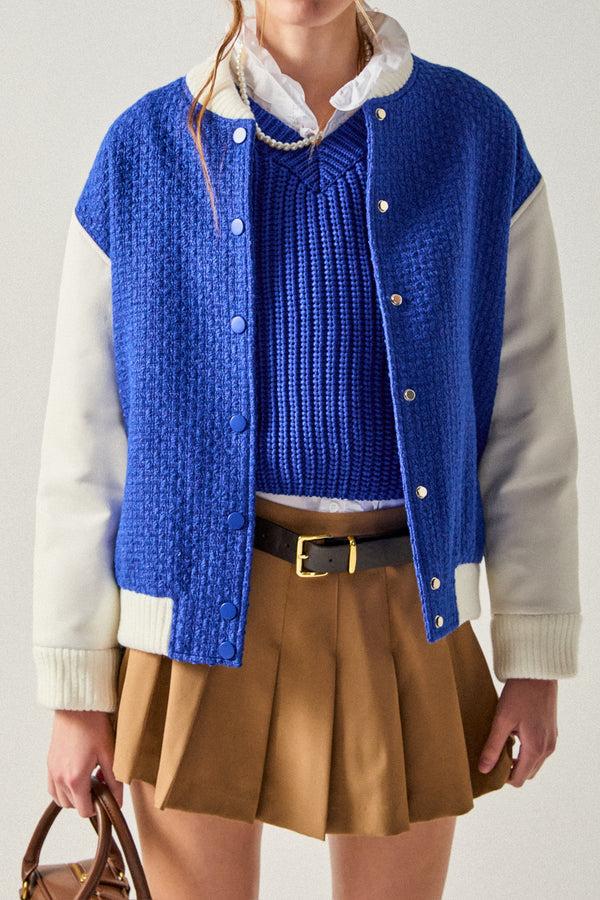 English Factory Tweed PU Bomber Jacket BLUE/WHITE