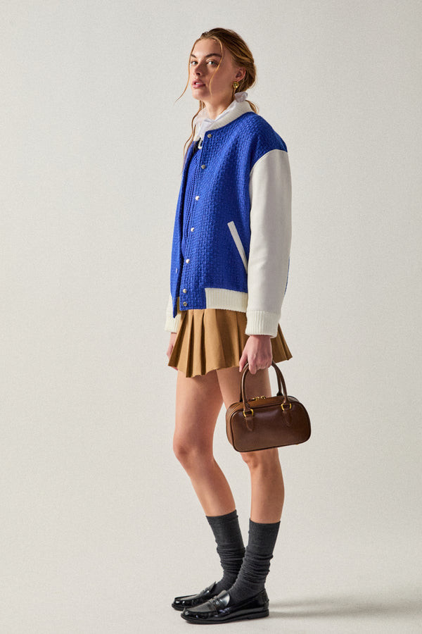 English Factory Tweed PU Bomber Jacket BLUE/WHITE