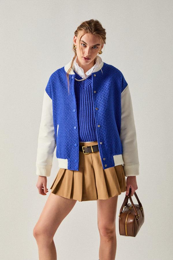 english factory Tweed PU Bomber Jacket BLUE/WHITE