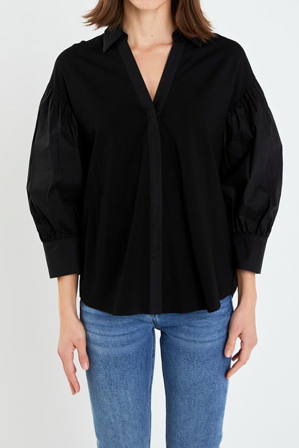 English Factory V-neckline Puff Sleeve Shirt BLACK