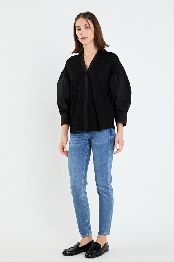 English Factory V-neckline Puff Sleeve Shirt BLACK