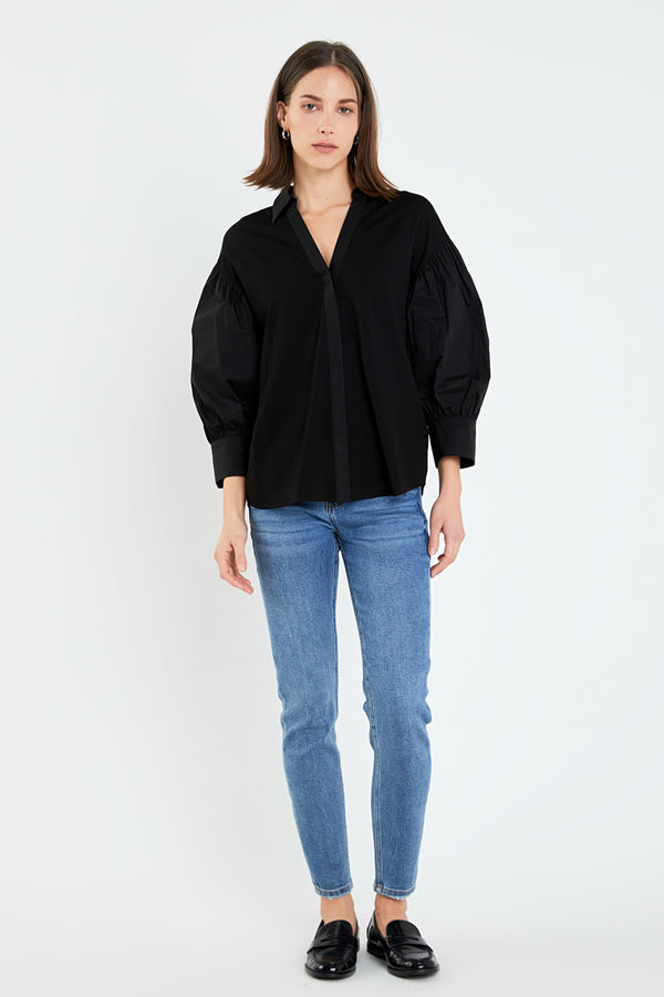english factory V-neckline Puff Sleeve Shirt BLACK