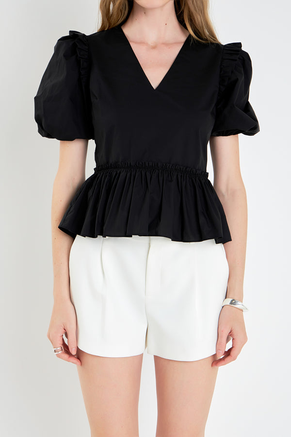 English Factory V-neckline Puff Sleeve Top BLACK